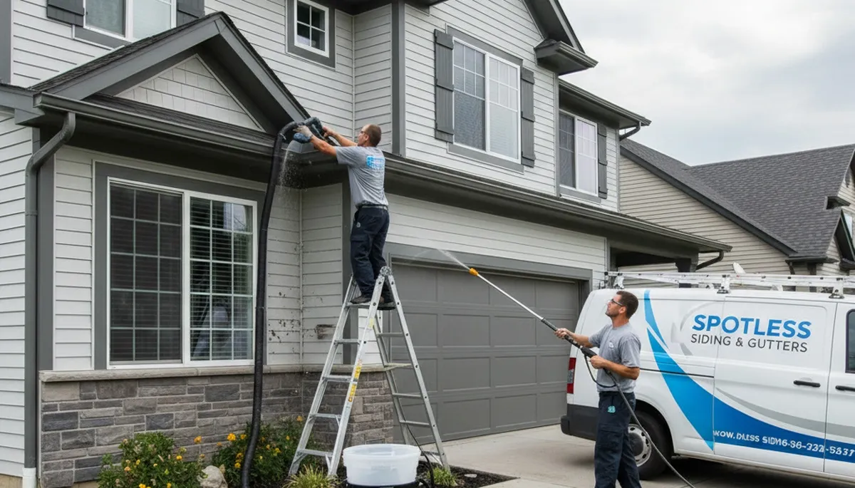 Professional gutter cleaning service in Boston MA protecting vinyl siding homes from water damage