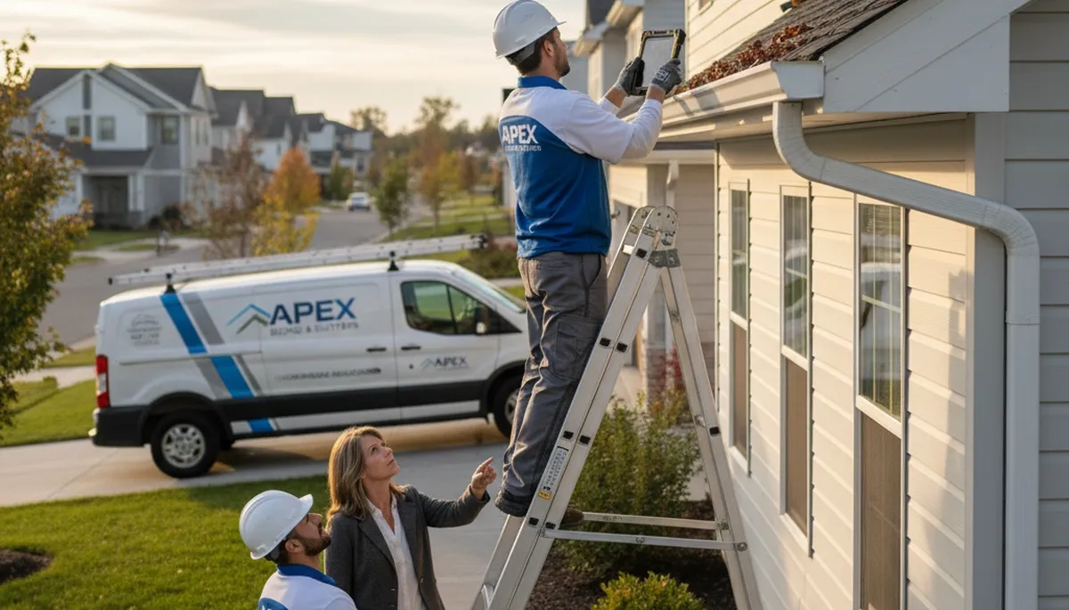 Technician performing gutter inspection on vinyl siding home in Boston, MA