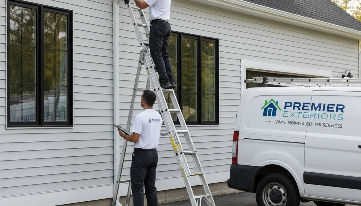 Technician repairing home gutters with vinyl siding in Boston, MA to prevent water damage